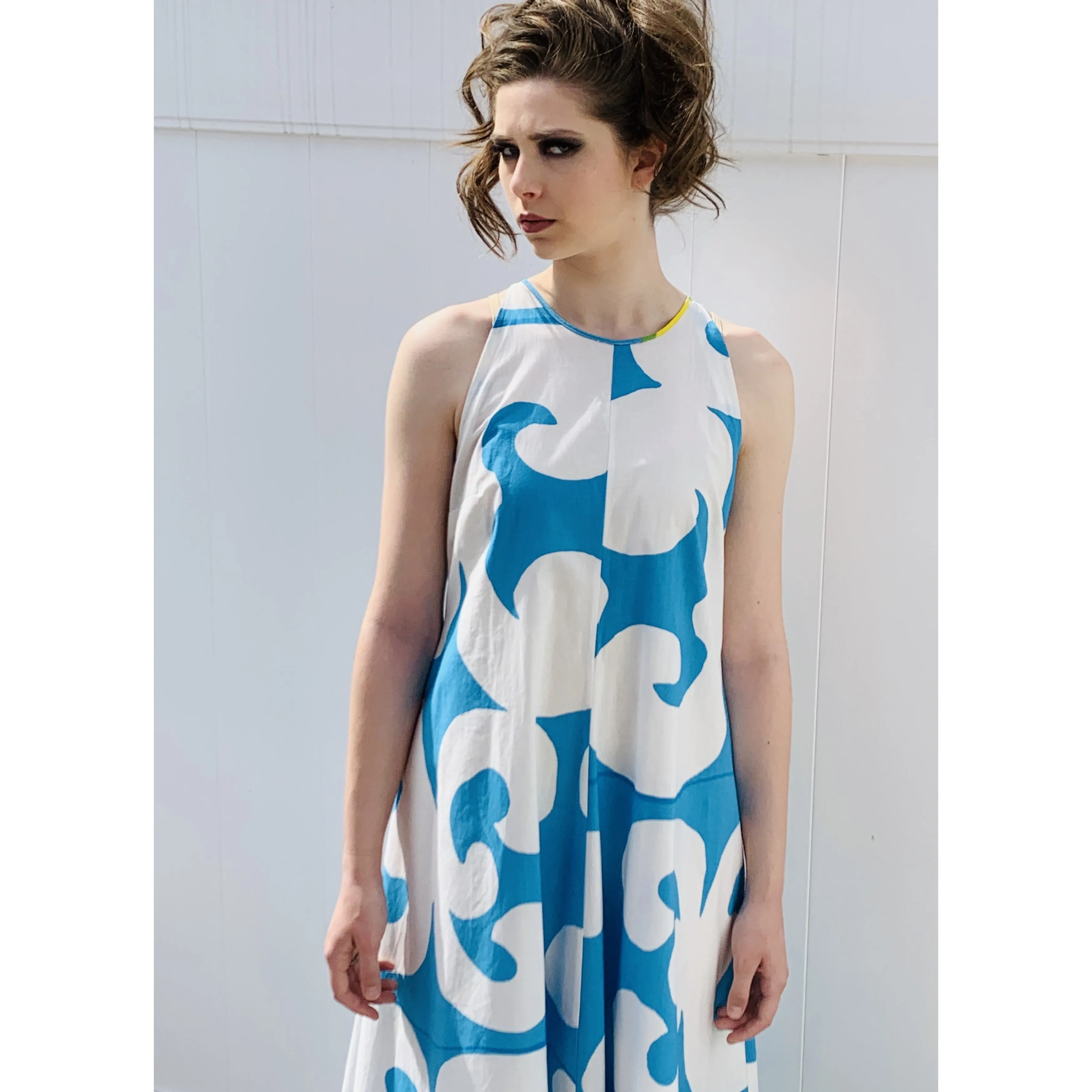 VTG 1966 RARE Marimekko Maxi Gown Turquoise Blue, White, Yellow ”Keidas” by Annika Rimala Small