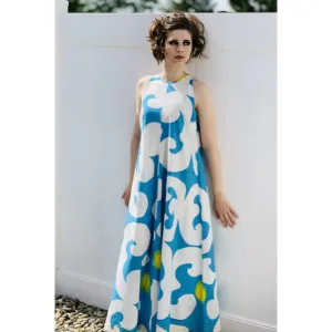 VTG 1966 RARE Marimekko Maxi Gown Turquoise Blue, White, Yellow ”Keidas” by Annika Rimala Small