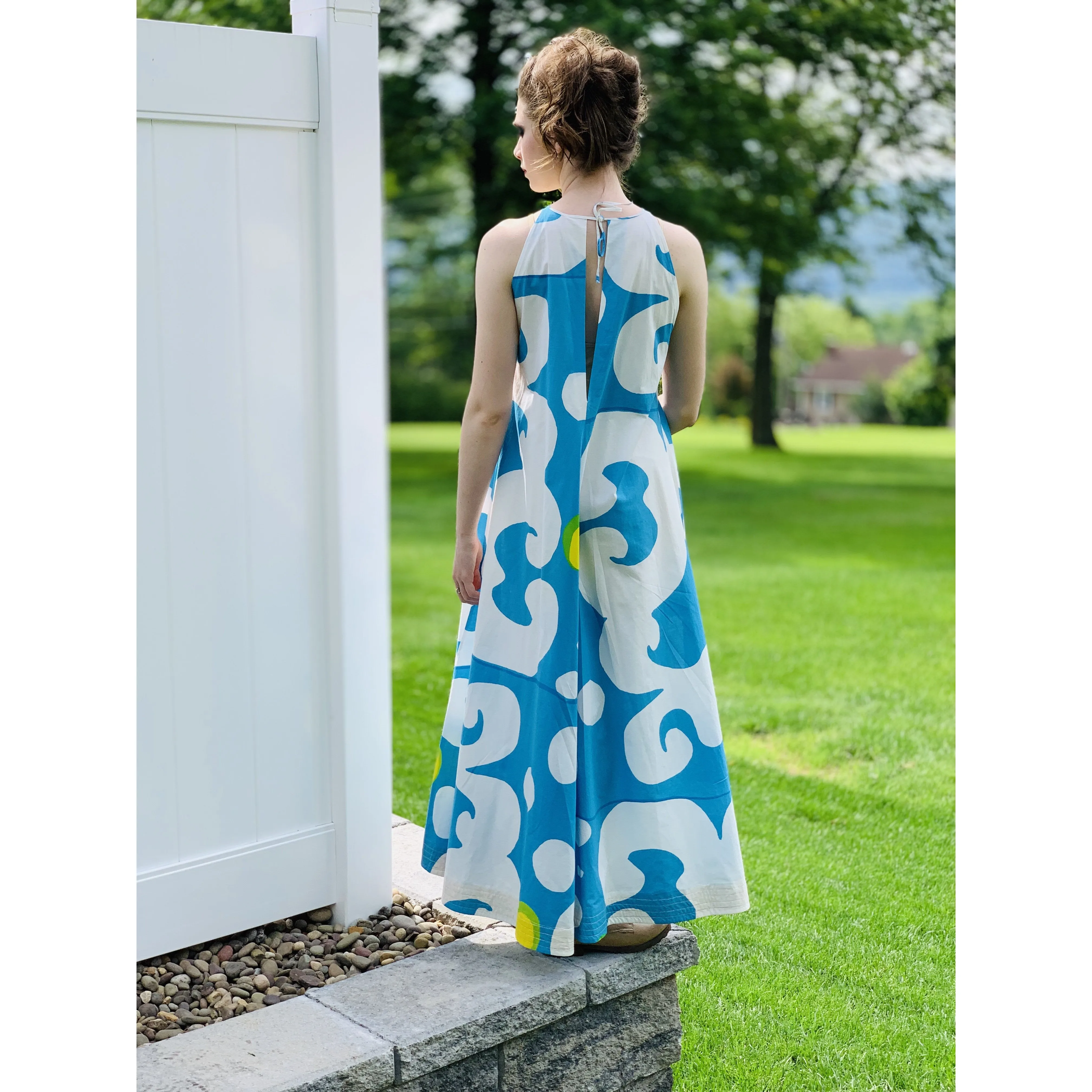 VTG 1966 RARE Marimekko Maxi Gown Turquoise Blue, White, Yellow ”Keidas” by Annika Rimala Small