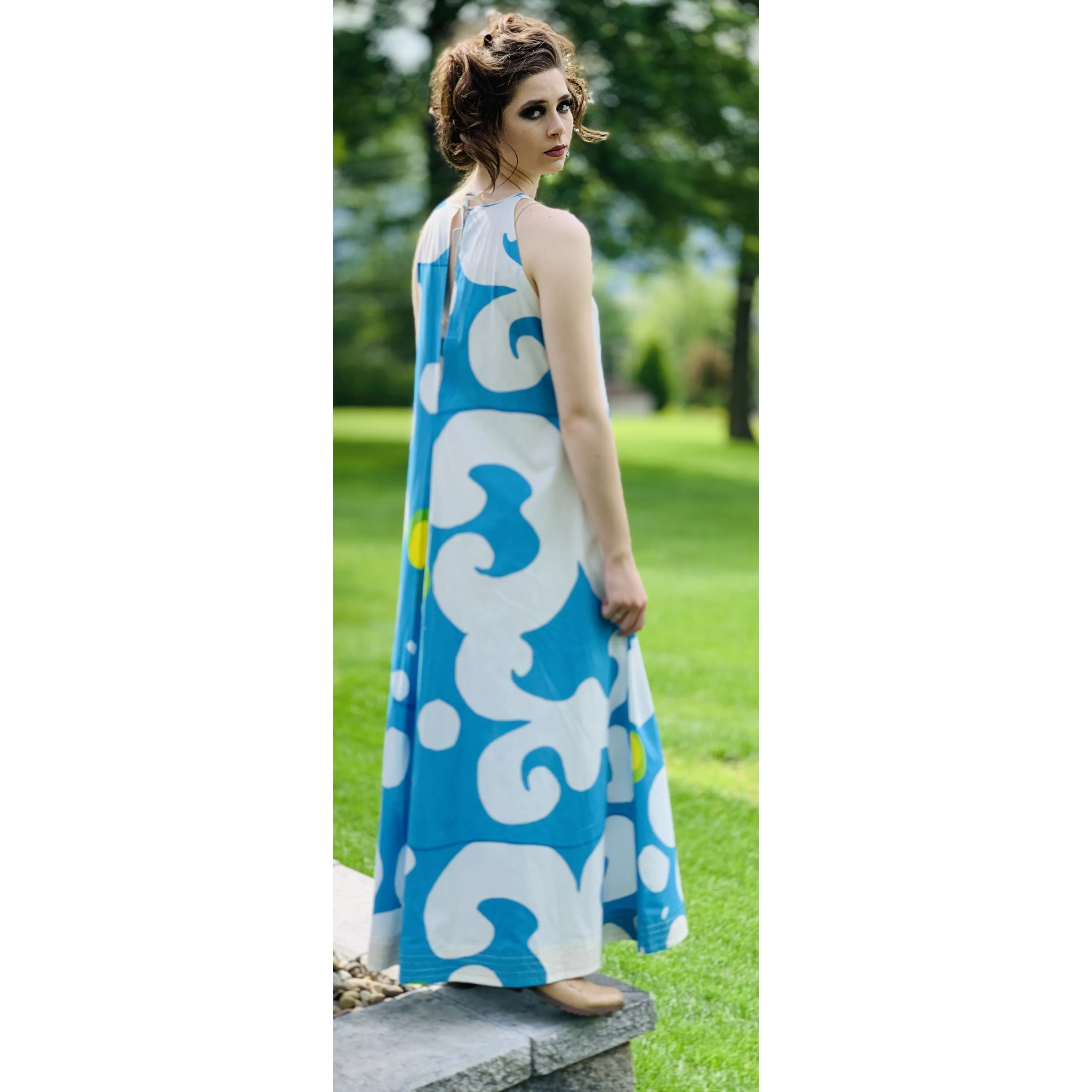 VTG 1966 RARE Marimekko Maxi Gown Turquoise Blue, White, Yellow ”Keidas” by Annika Rimala Small