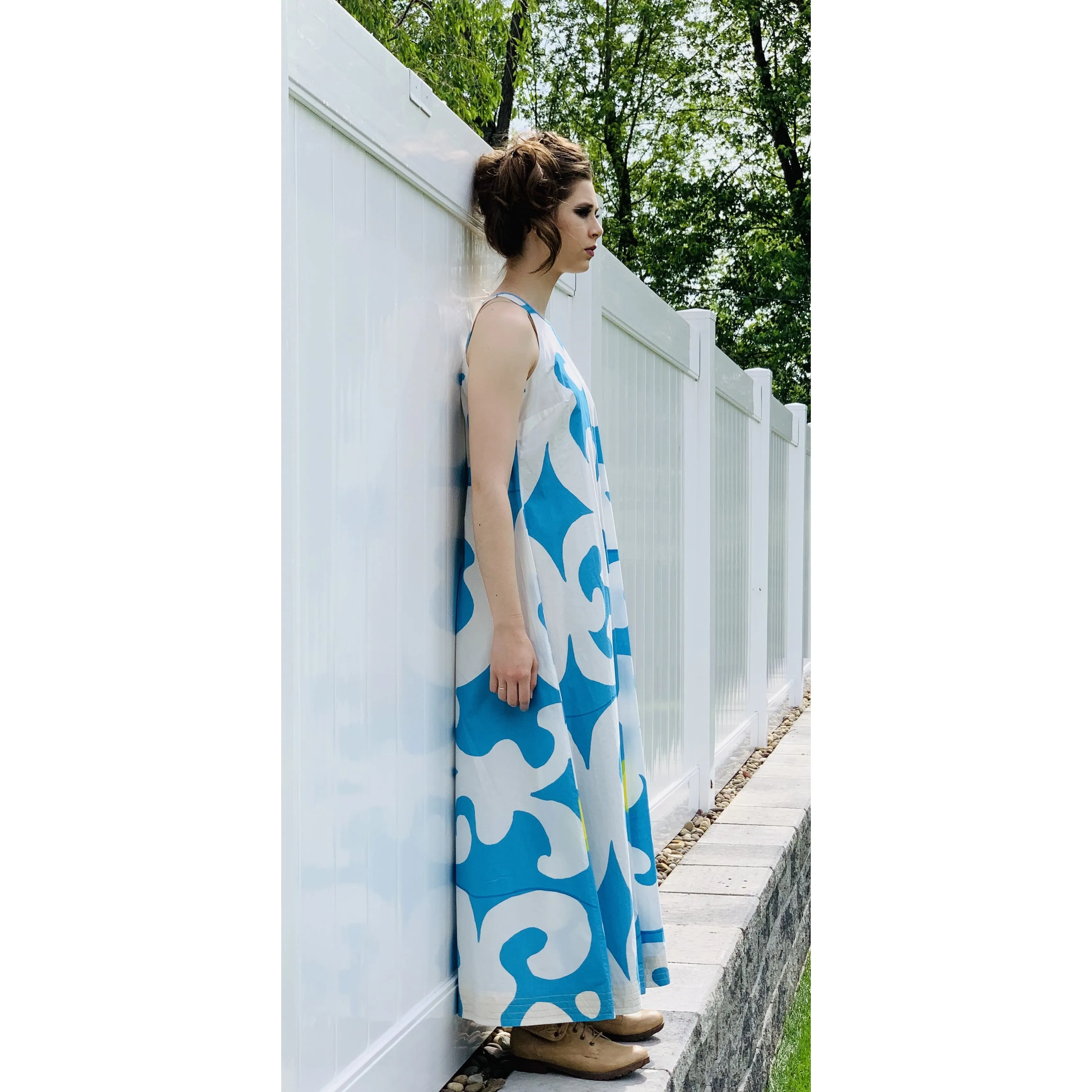VTG 1966 RARE Marimekko Maxi Gown Turquoise Blue, White, Yellow ”Keidas” by Annika Rimala Small