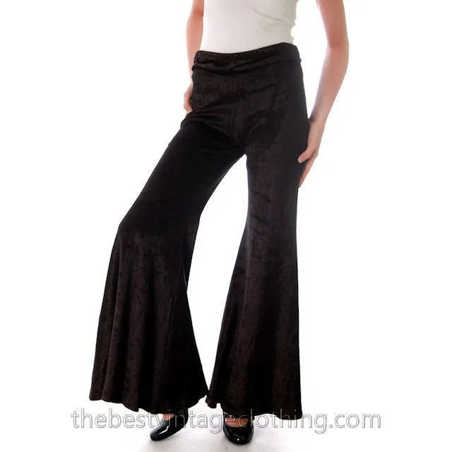 VTG 1970s Womens Pants Black Stretch Velour Huge Bell Bottoms Med