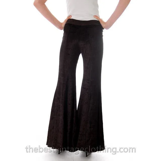 VTG 1970s Womens Pants Black Stretch Velour Huge Bell Bottoms Med