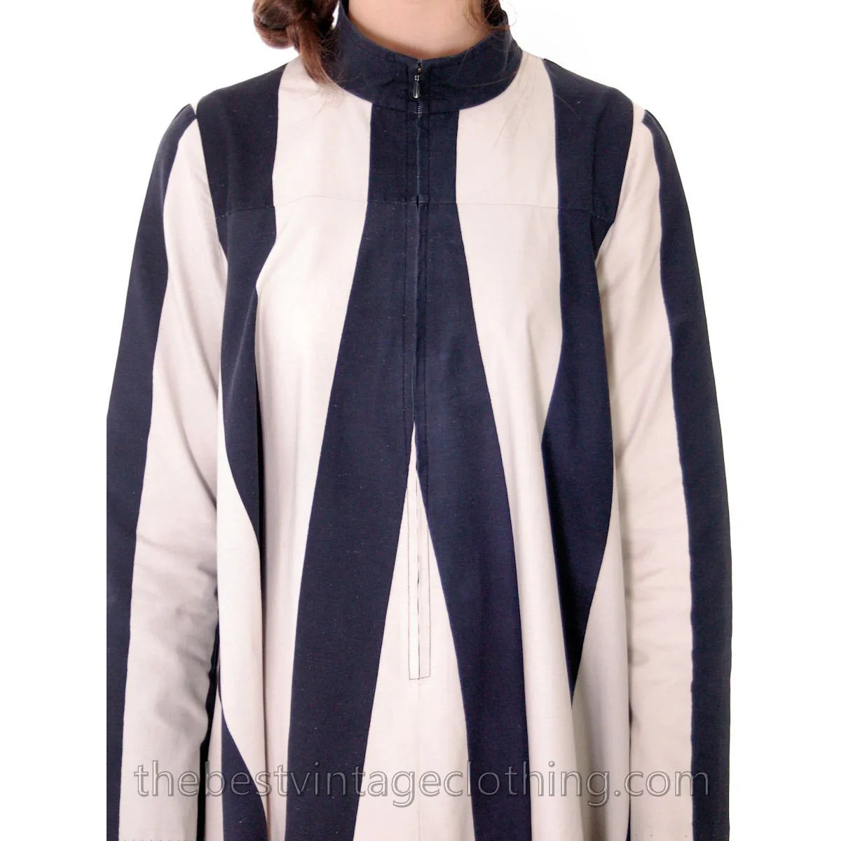 Vuokko Designer Iconic Tent Dress Vintage 1970s  Navy Blue White Huge Stripes Size 40 S M
