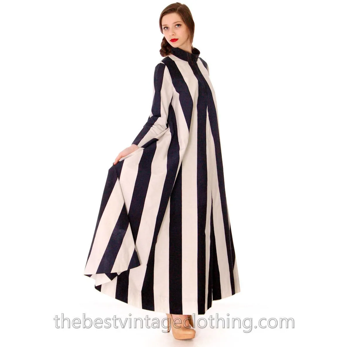 Vuokko Designer Iconic Tent Dress Vintage 1970s  Navy Blue White Huge Stripes Size 40 S M