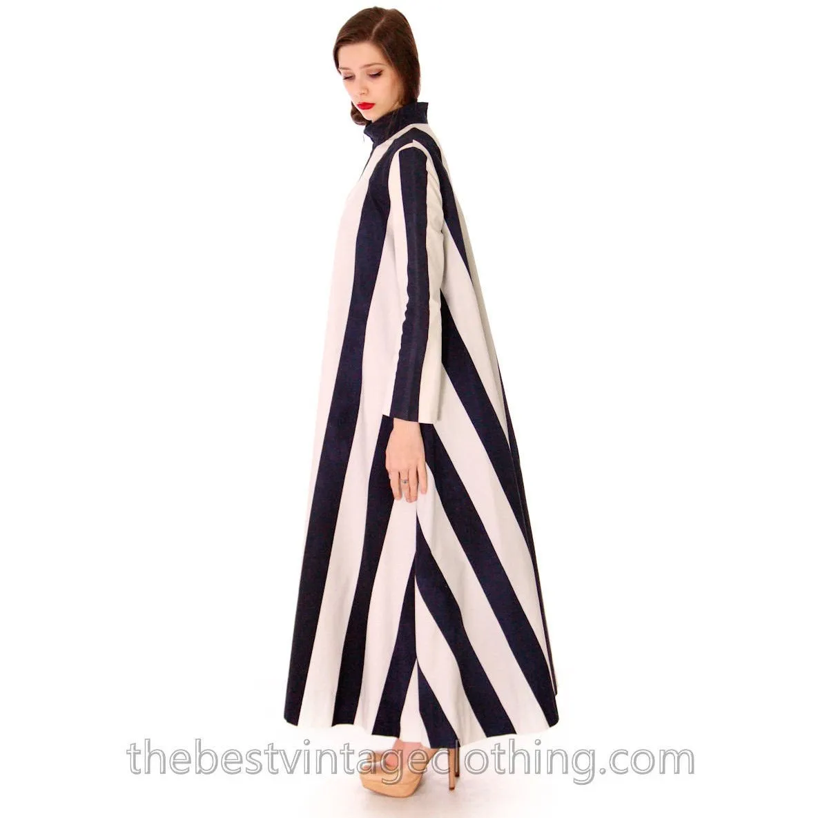 Vuokko Designer Iconic Tent Dress Vintage 1970s  Navy Blue White Huge Stripes Size 40 S M