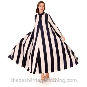 Vuokko Designer Iconic Tent Dress Vintage 1970s  Navy Blue White Huge Stripes Size 40 S M