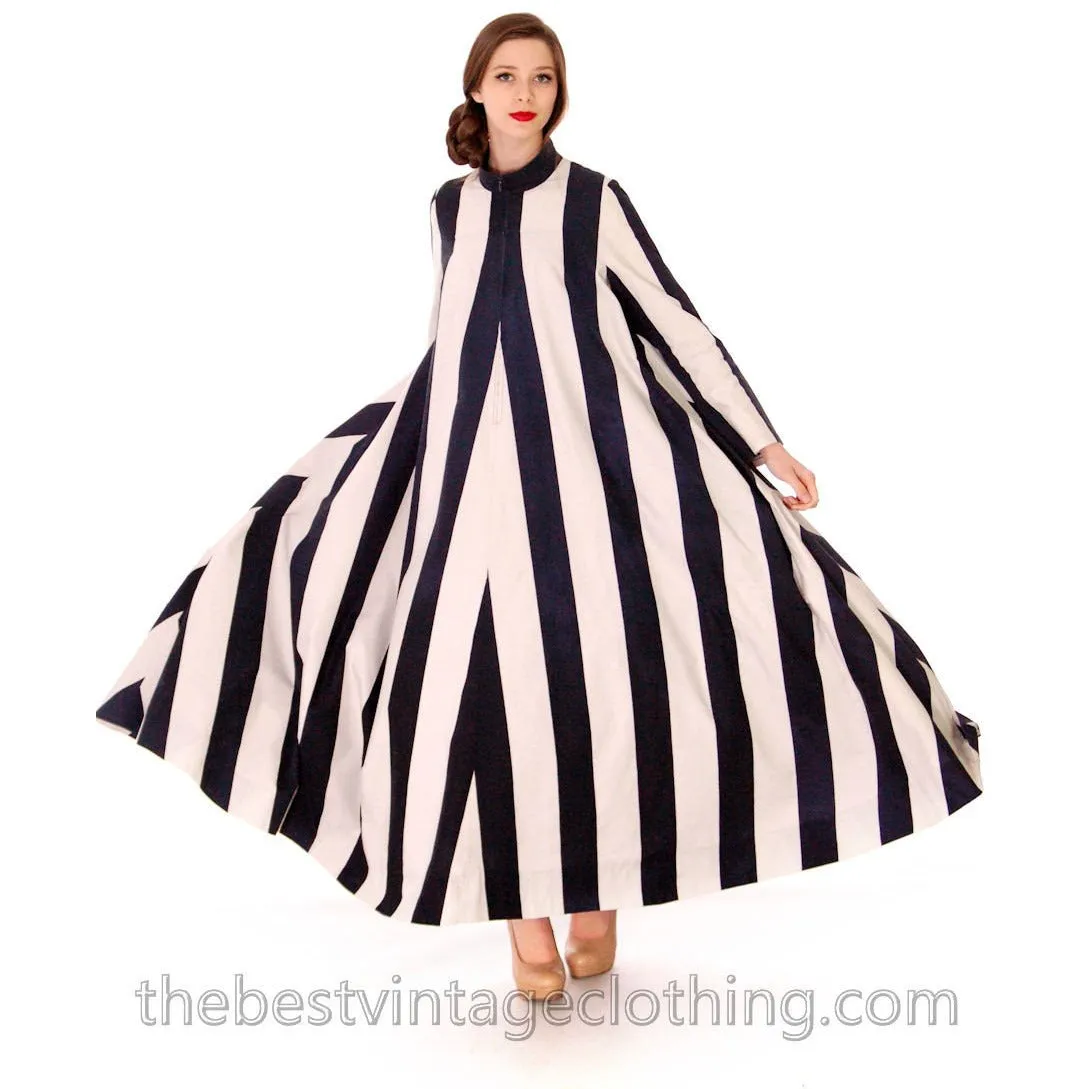 Vuokko Designer Iconic Tent Dress Vintage 1970s  Navy Blue White Huge Stripes Size 40 S M