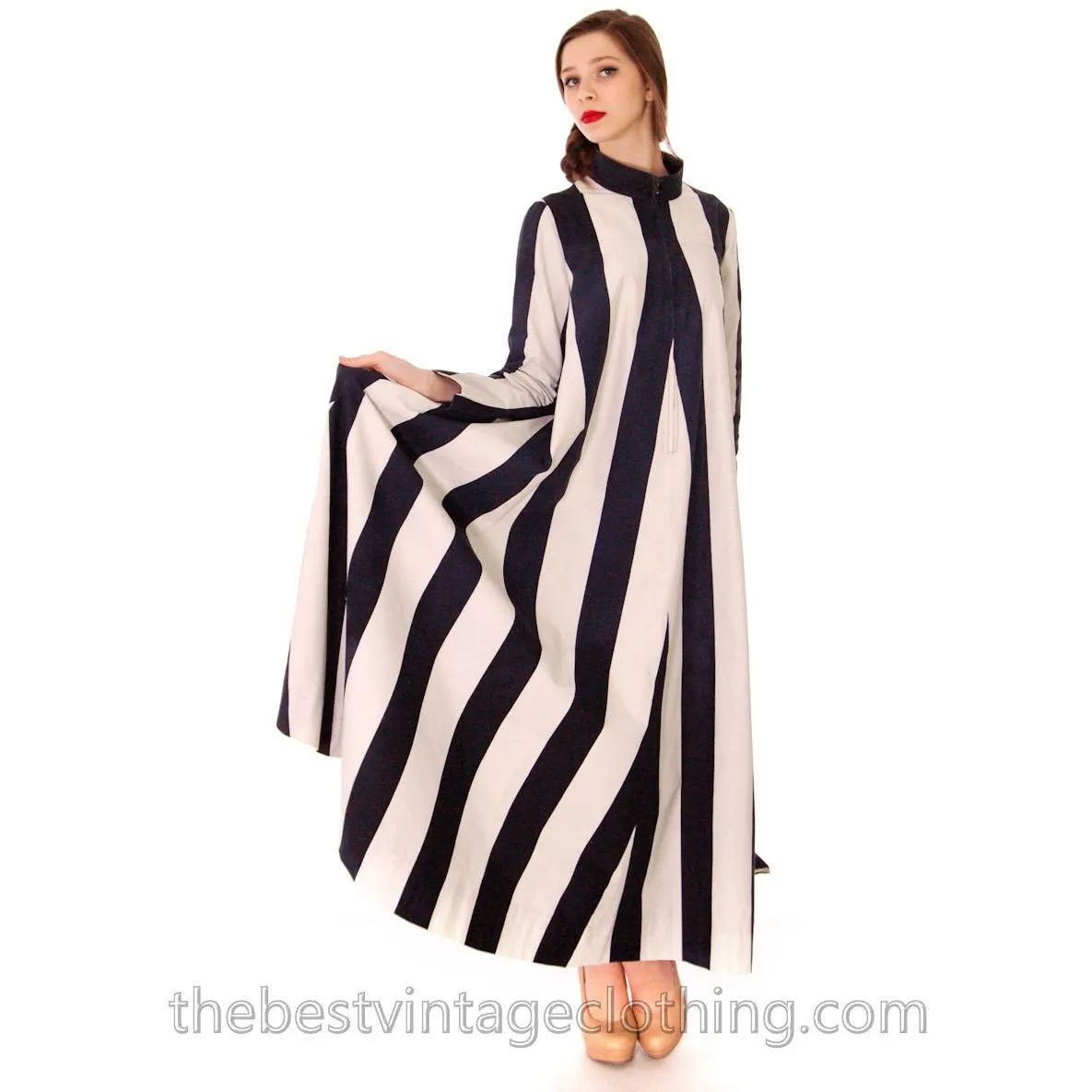 Vuokko Designer Iconic Tent Dress Vintage 1970s  Navy Blue White Huge Stripes Size 40 S M