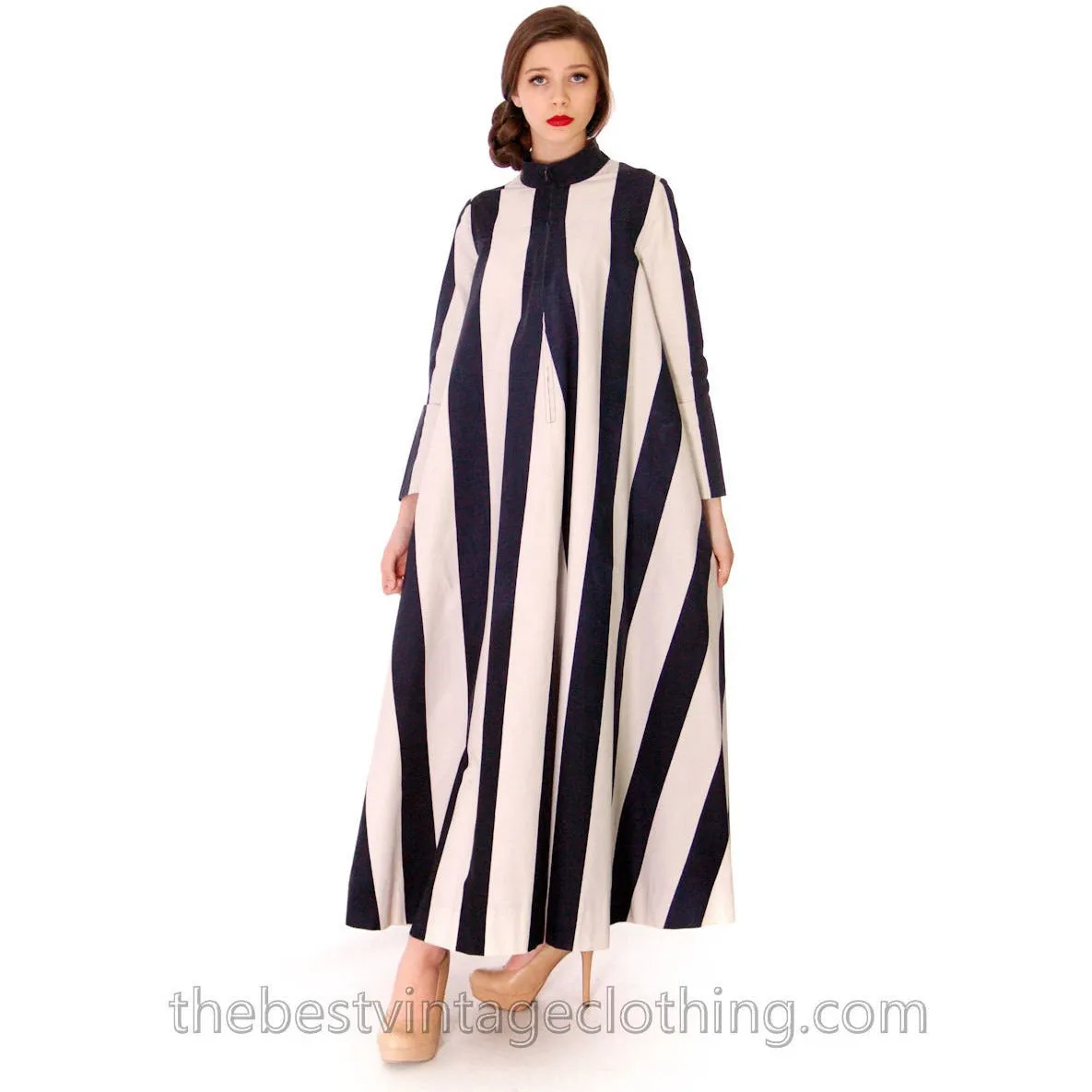 Vuokko Designer Iconic Tent Dress Vintage 1970s  Navy Blue White Huge Stripes Size 40 S M