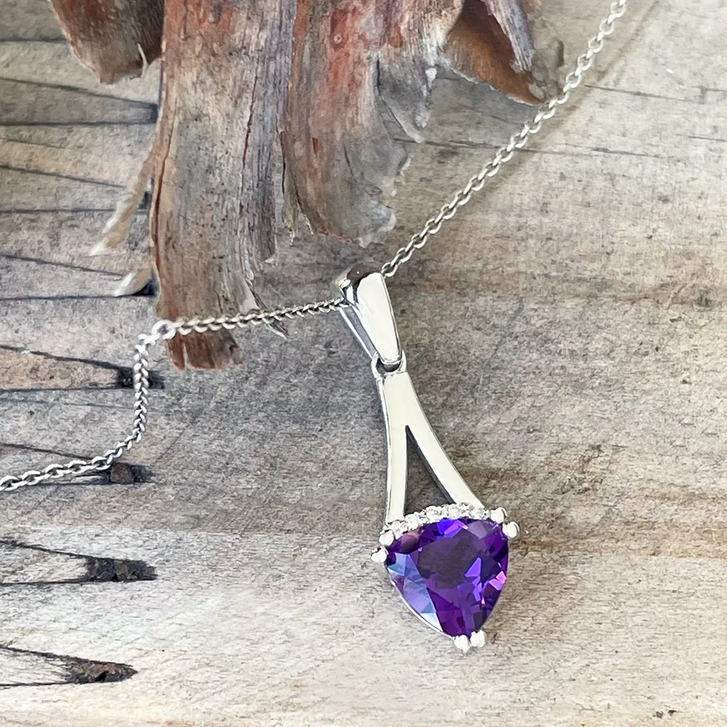White Gold Trilliant Cut Amethyst with Diamond Accent Pendant