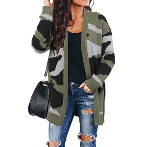Women Fashion American Style Army Camouflage Knitted Cardigan Casual Loose Coat