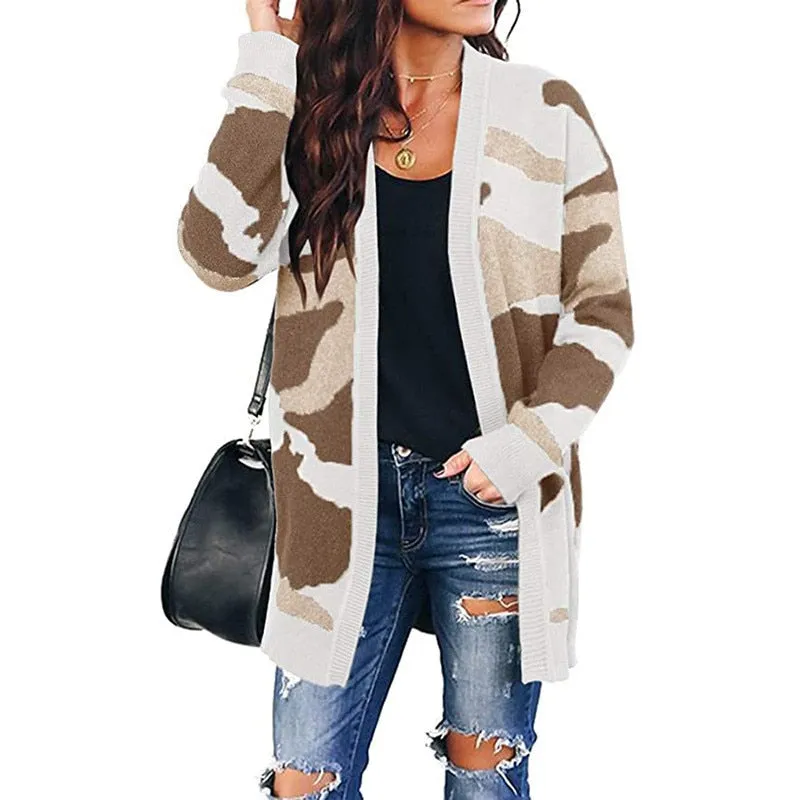 Women Fashion American Style Army Camouflage Knitted Cardigan Casual Loose Coat