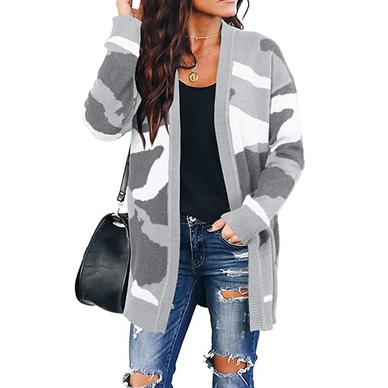 Women Fashion American Style Army Camouflage Knitted Cardigan Casual Loose Coat